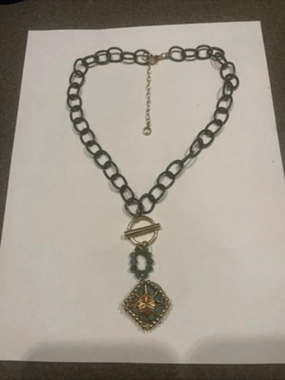 Chunky Gunmetal Chain Toggle Necklace Gold Starburst Turquoise Bead Pendant